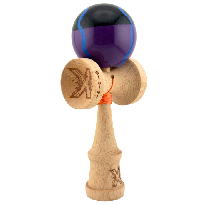 Kendama X Originala, Profesionala, Flippy, Big Cups V2, Super Sticky Cupe Mari, Rulment Metalic cu Ata 55 cm, Negru Mov cu Linii [9]