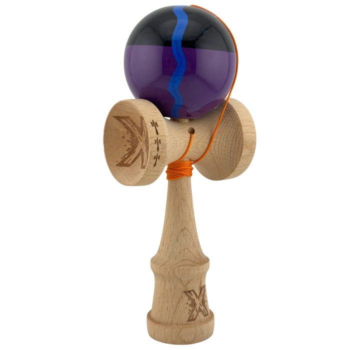 Kendama X Originala, Profesionala, Flippy, Big Cups V2, Super Sticky Cupe Mari, Rulment Metalic cu Ata 55 cm, Negru Mov cu Linii [5]