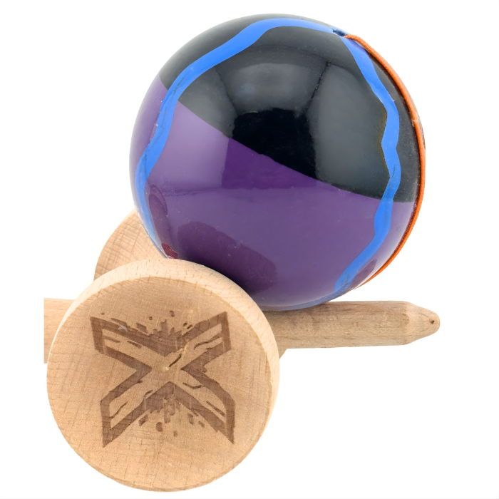 Kendama X Originala, Profesionala, Flippy, Big Cups V2, Super Sticky Cupe Mari, Rulment Metalic cu Ata 55 cm, Negru Mov cu Linii [7]