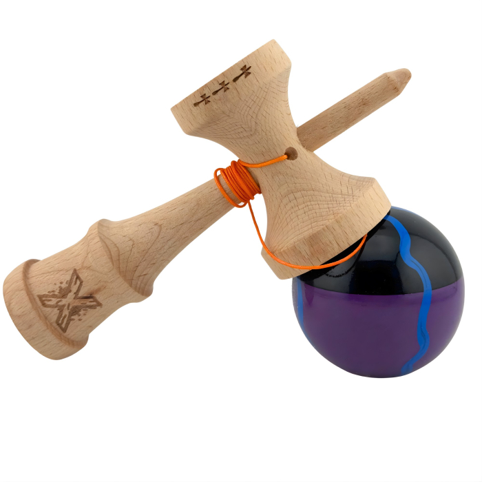 Kendama X Originala, Profesionala, Flippy, Big Cups V2, Super Sticky Cupe Mari, Rulment Metalic cu Ata 55 cm, Negru Mov cu Linii [2]