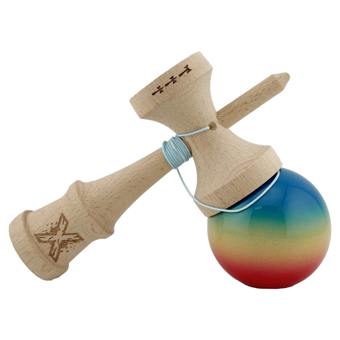 Kendama X Originala, Profesionala, Flippy, Big Cups V2, Super Sticky Cupe Mari, Rulment Metalic cu Ata 55 cm, Rosu/Galben/Albastru [4]