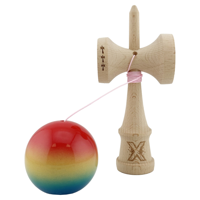 Kendama X Originala, Profesionala, Flippy, Big Cups V2, Super Sticky Cupe Mari, Rulment Metalic cu Ata 55 cm, Rosu/Galben/Albastru [3]