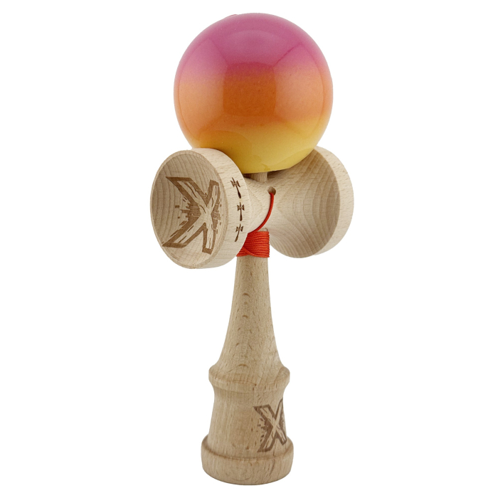 Kendama X Originala, Profesionala, Flippy, Big Cups V2, Super Sticky Cupe Mari, Rulment Metalic cu Ata 55 cm, Roz/Portocaliu/Galben [9]