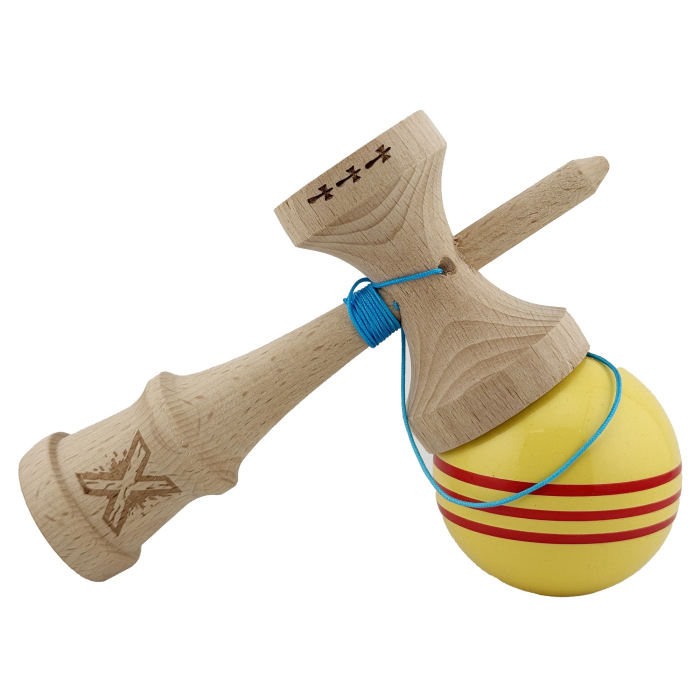 Kendama X Originala, Profesionala, Flippy, Big Cups V2, Super Sticky Legendary Cupe Mari, Rulment Metalic cu Ata 55 cm, Galben/Linii Rosii [4]