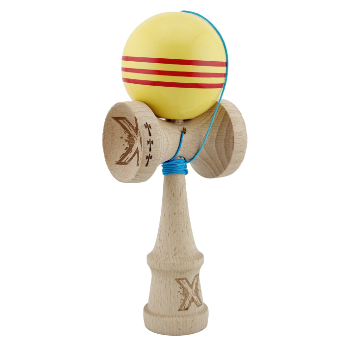 Kendama X Originala, Profesionala, Flippy, Big Cups V2, Super Sticky Legendary Cupe Mari, Rulment Metalic cu Ata 55 cm, Galben/Linii Rosii [2]