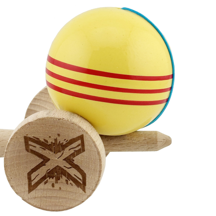 Kendama X Originala, Profesionala, Flippy, Big Cups V2, Super Sticky Legendary Cupe Mari, Rulment Metalic cu Ata 55 cm, Galben/Linii Rosii [7]