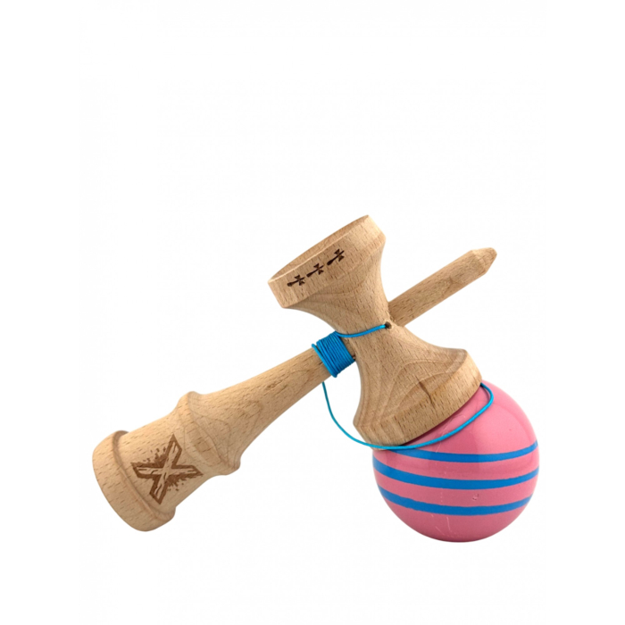 Kendama X Originala, Profesionala, Flippy, Big Cups V2, Super Sticky Legendary Cupe Mari, Rulment Metalic cu Ata 55 cm, Roz/Linii Albastre deschise [2]