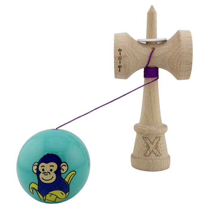 Kendama X Originala, Profesionala, Flippy, Blue Monkey, Super Sticky cu Cupe Mari King Size V3, Rulment Metalic si Gaura in Baza, din Lemn 18 cm, Ata 62/65 cm, Turcoaz [4]