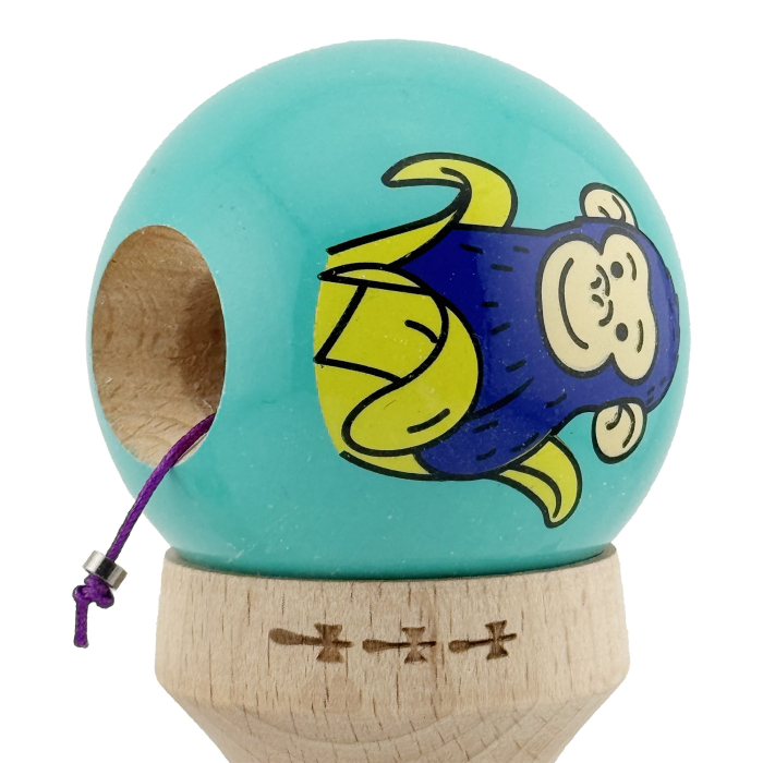 Kendama X Originala, Profesionala, Flippy, Blue Monkey, Super Sticky cu Cupe Mari King Size V3, Rulment Metalic si Gaura in Baza, din Lemn 18 cm, Ata 62/65 cm, Turcoaz [7]