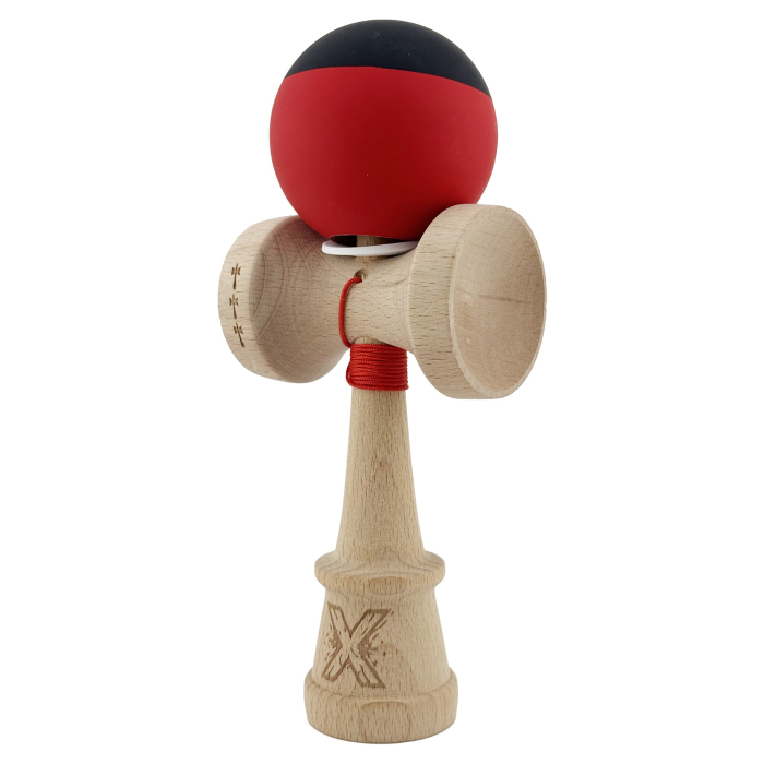 Kendama X Originala, Profesionala, Flippy, Cupe Mari KING SIZE V3, Rubber Grip, Gaura in Baza, Rulment Metalic, din lemn 18 cm, Ata 62/65 cm, Bicolor Negru/Rosu [3]