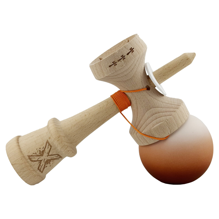 Kendama X Originala, Profesionala, Flippy, Cupe Mari KING SIZE V3, Rubber Grip, Gaura in Baza, Rulment Metalic, din lemn 18 cm, Ata 62/65 cm, Gradient Alb/Maro [5]