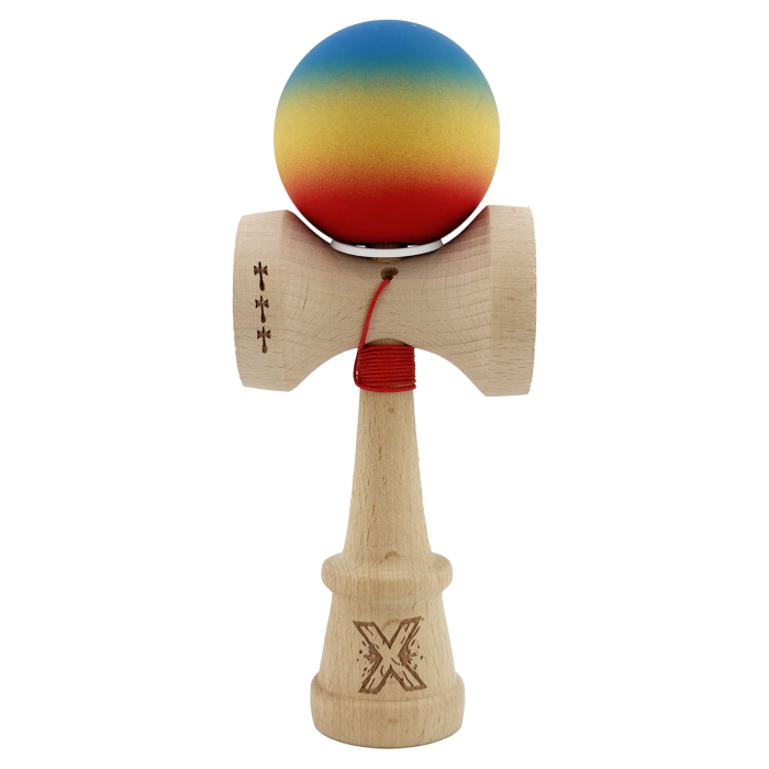 Kendama X Originala, Profesionala, Flippy, Cupe Mari KING SIZE V3, Rubber Grip, Gaura in Baza, Rulment Metalic, din lemn 18 cm, Ata 62/65 cm, Gradient Albastru/Galben/Rosu [2]