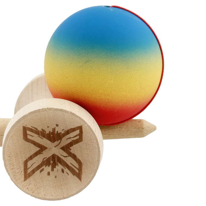 Kendama X Originala, Profesionala, Flippy, Cupe Mari KING SIZE V3, Rubber Grip, Gaura in Baza, Rulment Metalic, din lemn 18 cm, Ata 62/65 cm, Gradient Albastru/Galben/Rosu [8]