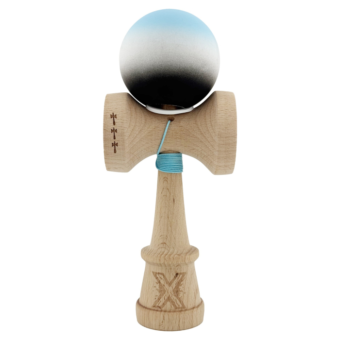Kendama X Originala, Profesionala, Flippy, Cupe Mari KING SIZE V3, Rubber Grip, Gaura in Baza, Rulment Metalic, din lemn 18 cm, Ata 62/65 cm, Gradient Albastru deschis/Alb/Negru [2]