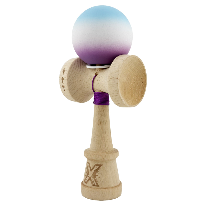 Kendama X Originala, Profesionala, Flippy, Cupe Mari KING SIZE V3, Rubber Grip, Gaura in Baza, Rulment Metalic, din lemn 18 cm, Ata 62/65 cm, Gradient Albastru deschis/Alb/Mov [3]