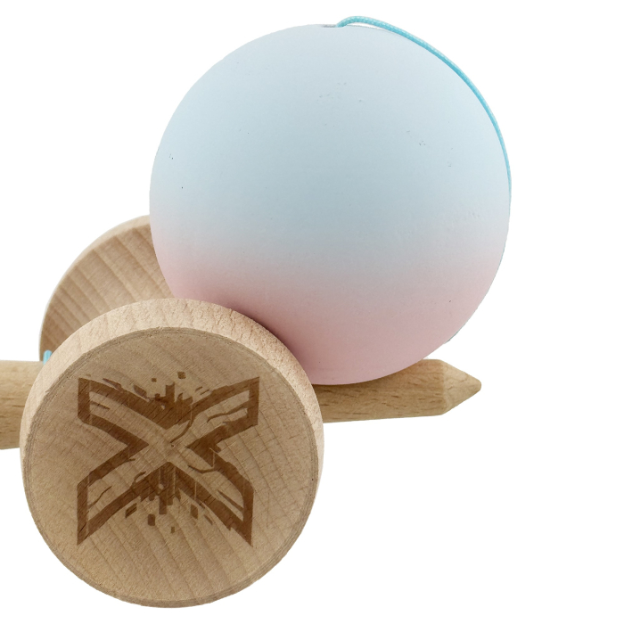 Kendama X Originala, Profesionala, Flippy, Cupe Mari KING SIZE V3, Rubber Grip, Gaura in Baza, Rulment Metalic, din lemn 18 cm, Ata 62/65 cm, Gradient Albastru deschis/Roz [8]