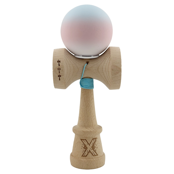 Kendama X Originala, Profesionala, Flippy, Cupe Mari KING SIZE V3, Rubber Grip, Gaura in Baza, Rulment Metalic, din lemn 18 cm, Ata 62/65 cm, Gradient Albastru deschis/Roz/Alb [2]