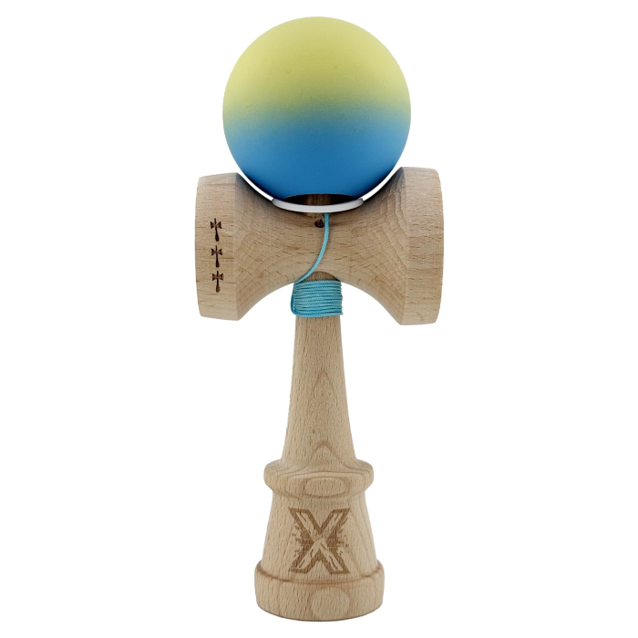 Kendama X Originala, Profesionala, Flippy, Cupe Mari KING SIZE V3, Rubber Grip, Gaura in Baza, Rulment Metalic, din lemn 18 cm, Ata 62/65 cm, Gradient Galben/Albastru deschis [2]