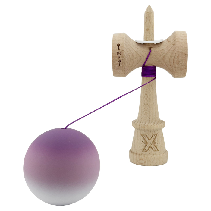 Kendama X Originala, Profesionala, Flippy, Cupe Mari KING SIZE V3, Rubber Grip, Gaura in Baza, Rulment Metalic, din lemn 18 cm, Ata 62/65 cm, Gradient Mov/Alb [4]