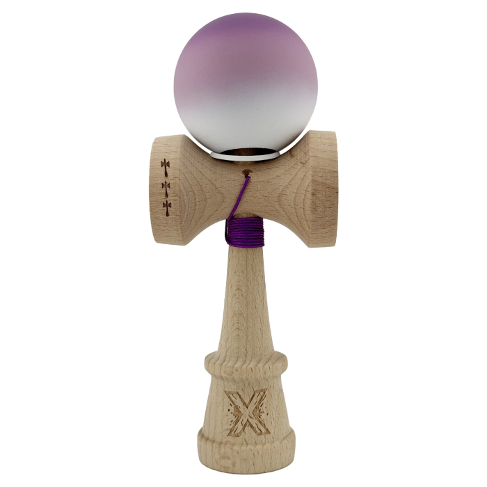 Kendama X Originala, Profesionala, Flippy, Cupe Mari KING SIZE V3, Rubber Grip, Gaura in Baza, Rulment Metalic, din lemn 18 cm, Ata 62/65 cm, Gradient Mov/Alb [2]