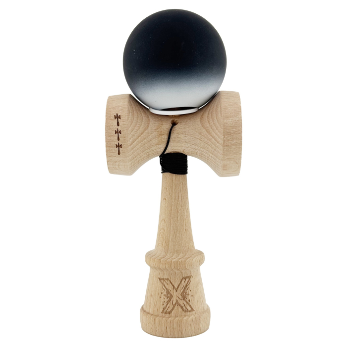 Kendama X Originala, Profesionala, Flippy, Cupe Mari KING SIZE V3, Rubber Grip, Gaura in Baza, Rulment Metalic, din lemn 18 cm, Ata 62/65 cm, Gradient Negru/Alb [2]