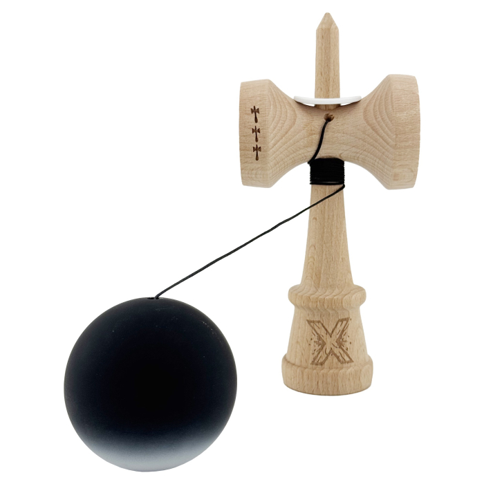 Kendama X Originala, Profesionala, Flippy, Cupe Mari KING SIZE V3, Rubber Grip, Gaura in Baza, Rulment Metalic, din lemn 18 cm, Ata 62/65 cm, Gradient Negru/Alb [4]