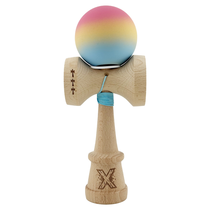 Kendama X Originala, Profesionala, Flippy, Cupe Mari KING SIZE V3, Rubber Grip, Gaura in Baza, Rulment Metalic, din lemn 18 cm, Ata 62/65 cm, Gradient Roz/Galben/Albastru deschis [2]