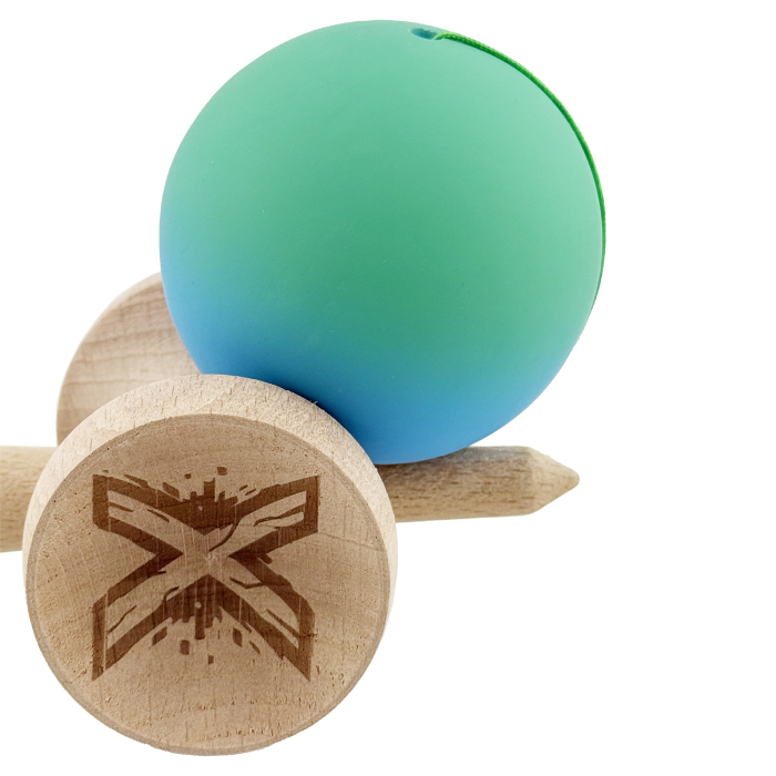 Kendama X Originala, Profesionala, Flippy, Cupe Mari KING SIZE V3, Rubber Grip, Gaura in Baza, Rulment Metalic, din lemn 18 cm, Ata 62/65 cm, Gradient Verde/Albastru [8]