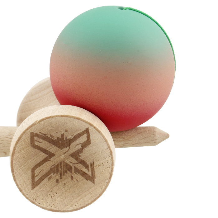 Kendama X Originala, Profesionala, Flippy, Cupe Mari KING SIZE V3, Rubber Grip, Gaura in Baza, Rulment Metalic, din lemn 18 cm, Ata 62/65 cm, Gradient Verde/Roz/Rosu [8]
