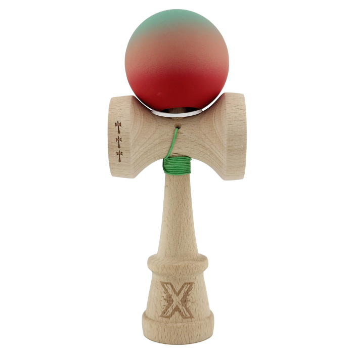 Kendama X Originala, Profesionala, Flippy, Cupe Mari KING SIZE V3, Rubber Grip, Gaura in Baza, Rulment Metalic, din lemn 18 cm, Ata 62/65 cm, Gradient Verde/Roz/Rosu [2]