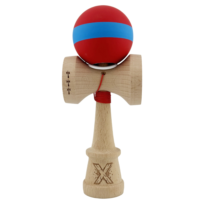 Kendama X Originala, Profesionala, Flippy, Cupe Mari KING SIZE V3, Rubber Grip, Gaura in Baza, Rulment Metalic, din lemn 18 cm, Ata 62/65 cm, M Bicolor Rosu/Albastru [2]