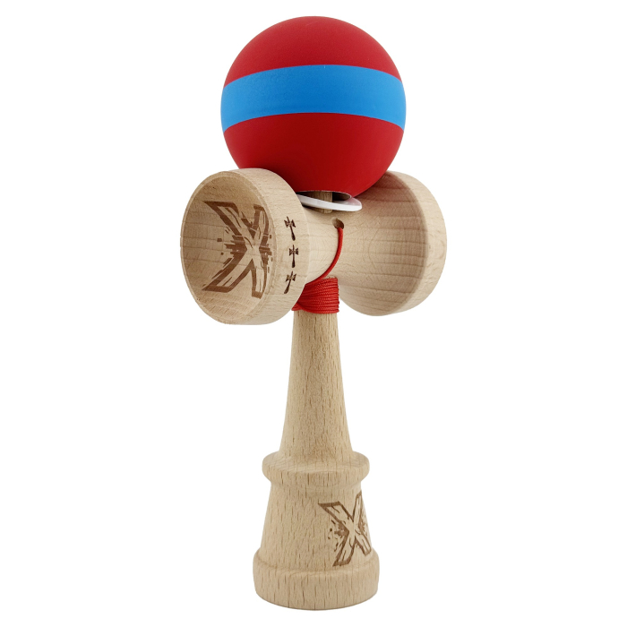 Kendama X Originala, Profesionala, Flippy, Cupe Mari KING SIZE V3, Rubber Grip, Gaura in Baza, Rulment Metalic, din lemn 18 cm, Ata 62/65 cm, M Bicolor Rosu/Albastru [1]
