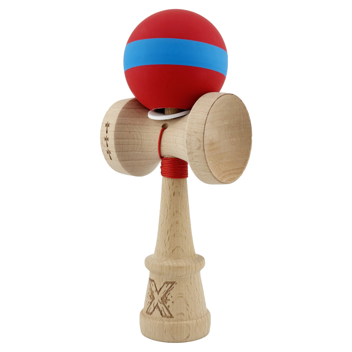 Kendama X Originala, Profesionala, Flippy, Cupe Mari KING SIZE V3, Rubber Grip, Gaura in Baza, Rulment Metalic, din lemn 18 cm, Ata 62/65 cm, M Bicolor Rosu/Albastru [3]
