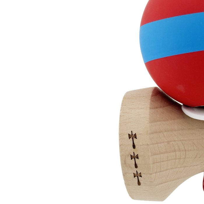 Kendama X Originala, Profesionala, Flippy, Cupe Mari KING SIZE V3, Rubber Grip, Gaura in Baza, Rulment Metalic, din lemn 18 cm, Ata 62/65 cm, M Bicolor Rosu/Albastru [7]