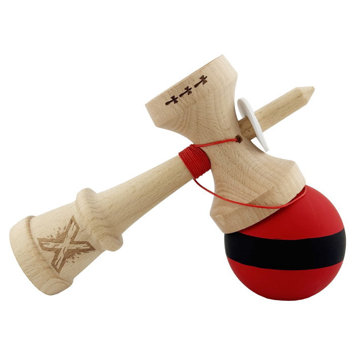Kendama X Originala, Profesionala, Flippy, Cupe Mari KING SIZE V3, Rubber Grip, Gaura in Baza, Rulment Metalic, din lemn 18 cm, Ata 62/65 cm, M Bicolor Rosu Dublu/Negru [5]