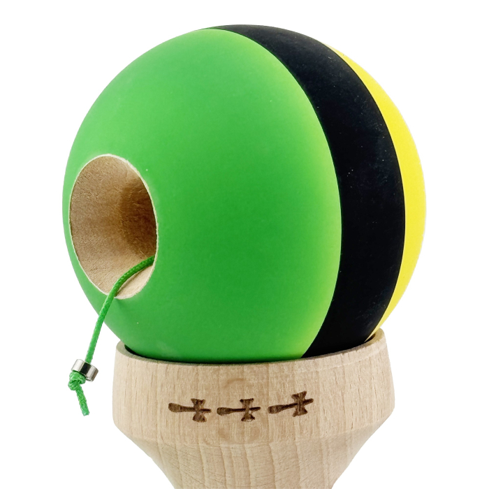 Kendama X Originala, Profesionala, Flippy, Cupe Mari KING SIZE V3, Rubber Grip, Gaura in Baza, Rulment Metalic, din lemn 18 cm, Ata 62/65 cm, M Galben/Negru/Verde [7]