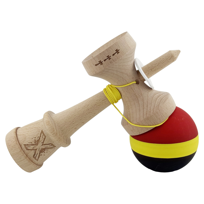 Kendama X Originala, Profesionala, Flippy, Cupe Mari KING SIZE V3, Rubber Grip, Gaura in Baza, Rulment Metalic, din lemn 18 cm, Ata 62/65 cm, M Rosu/Galben/Negru [5]