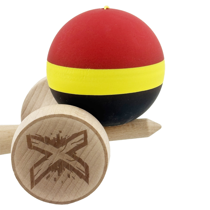 Kendama X Originala, Profesionala, Flippy, Cupe Mari KING SIZE V3, Rubber Grip, Gaura in Baza, Rulment Metalic, din lemn 18 cm, Ata 62/65 cm, M Rosu/Galben/Negru [9]