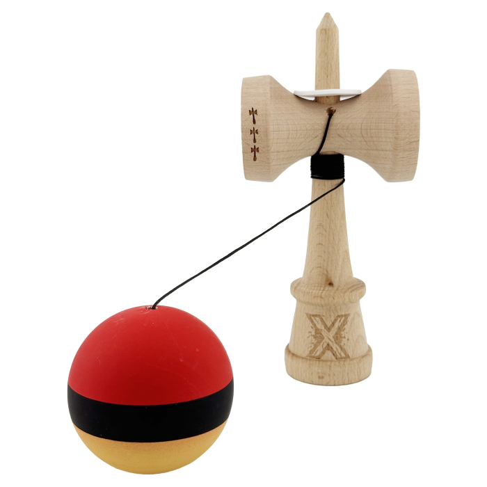 Kendama X Originala, Profesionala, Flippy, Cupe Mari KING SIZE V3, Rubber Grip, Gaura in Baza, Rulment Metalic, din lemn 18 cm, Ata 62/65 cm, M Rosu/Negru/Galben [4]