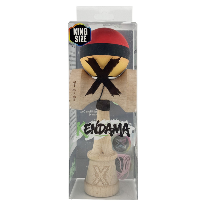 Kendama X Originala, Profesionala, Flippy, Cupe Mari KING SIZE V3, Rubber Grip, Gaura in Baza, Rulment Metalic, din lemn 18 cm, Ata 62/65 cm, M Rosu/Negru/Galben [6]