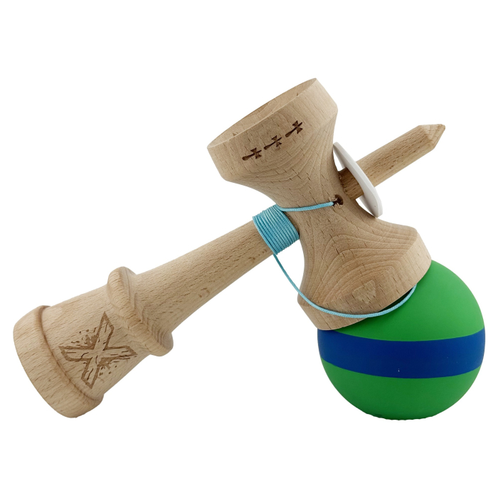 Kendama X Originala, Profesionala, Flippy, Cupe Mari KING SIZE V3, Rubber Grip, Gaura in Baza, Rulment Metalic, din lemn 18 cm, Ata 62/65 cm, M Verde/Albastru/Verde [5]