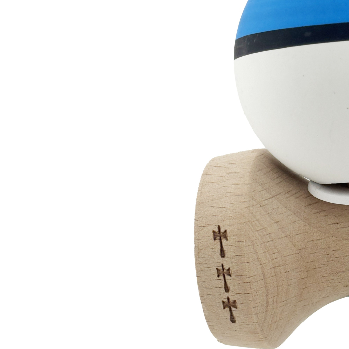 Kendama X Originala, Profesionala, Flippy, Cupe Mari KING SIZE V3, Rubber Grip, Gaura in Baza, Rulment Metalic, din lemn 18 cm, Ata 62/65 cm, S Bicolor Albastru/Alb [8]