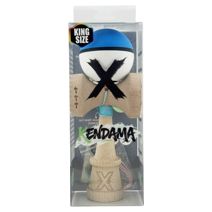 Kendama X Originala, Profesionala, Flippy, Cupe Mari KING SIZE V3, Rubber Grip, Gaura in Baza, Rulment Metalic, din lemn 18 cm, Ata 62/65 cm, S Bicolor Albastru/Alb [6]