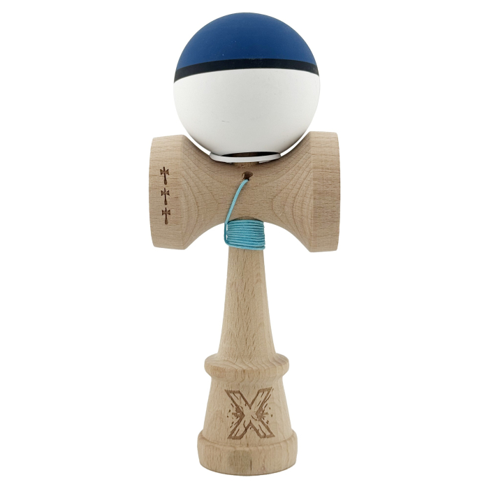 Kendama X Originala, Profesionala, Flippy, Cupe Mari KING SIZE V3, Rubber Grip, Gaura in Baza, Rulment Metalic, din lemn 18 cm, Ata 62/65 cm, S Bicolor Albastru inchis/Alb [2]