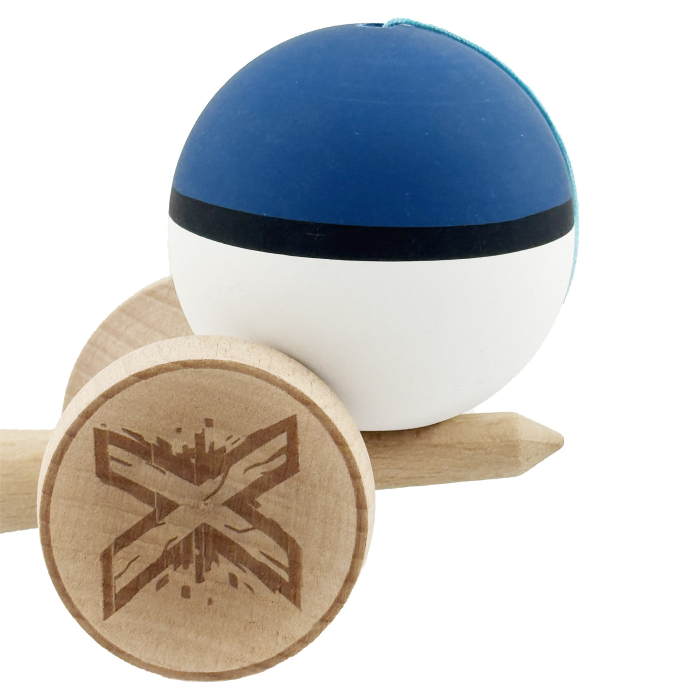 Kendama X Originala, Profesionala, Flippy, Cupe Mari KING SIZE V3, Rubber Grip, Gaura in Baza, Rulment Metalic, din lemn 18 cm, Ata 62/65 cm, S Bicolor Albastru inchis/Alb [9]