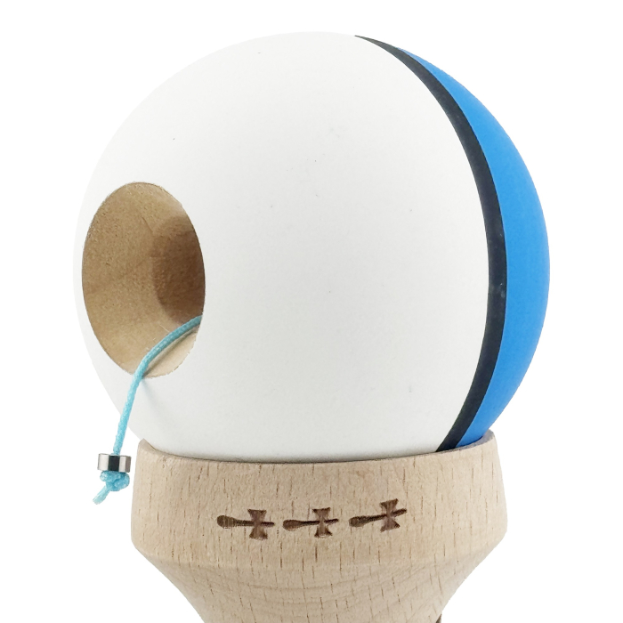 Kendama X Originala, Profesionala, Flippy, Cupe Mari KING SIZE V3, Rubber Grip, Gaura in Baza, Rulment Metalic, din lemn 18 cm, Ata 62/65 cm, S Bicolor Albastru/Alb [7]