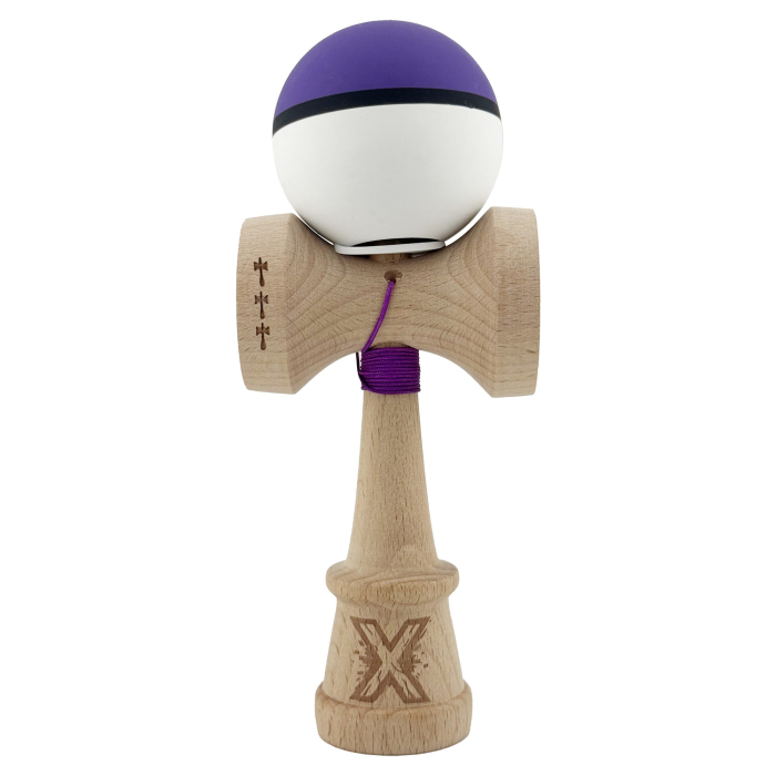 Kendama X Originala, Profesionala, Flippy, Cupe Mari KING SIZE V3, Rubber Grip, Gaura in Baza, Rulment Metalic, din lemn 18 cm, Ata 62/65 cm, S Bicolor Mov/Alb [2]