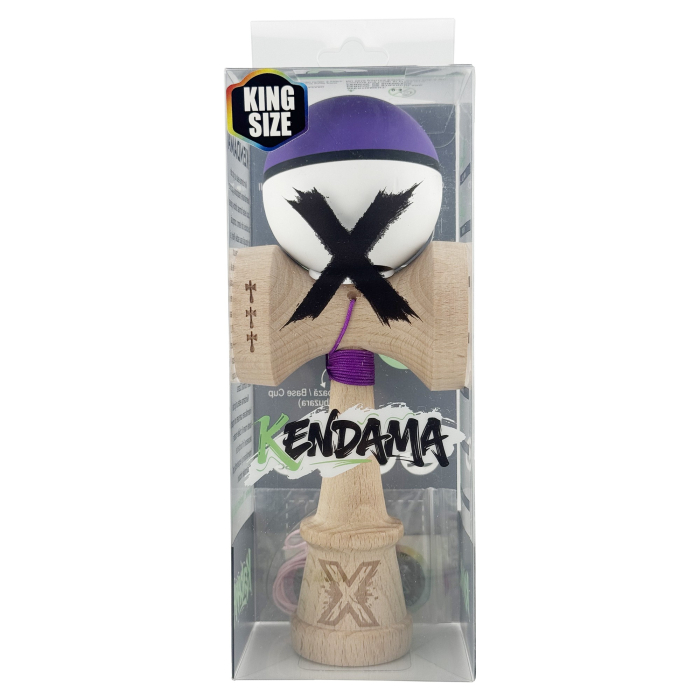 Kendama X Originala, Profesionala, Flippy, Cupe Mari KING SIZE V3, Rubber Grip, Gaura in Baza, Rulment Metalic, din lemn 18 cm, Ata 62/65 cm, S Bicolor Mov/Alb [5]
