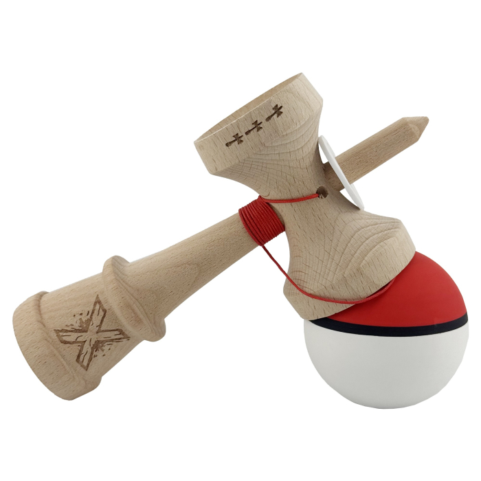 Kendama X Originala, Profesionala, Flippy, Cupe Mari KING SIZE V3, Rubber Grip, Gaura in Baza, Rulment Metalic, din lemn 18 cm, Ata 62/65 cm, S Bicolor Rosu/Alb [5]