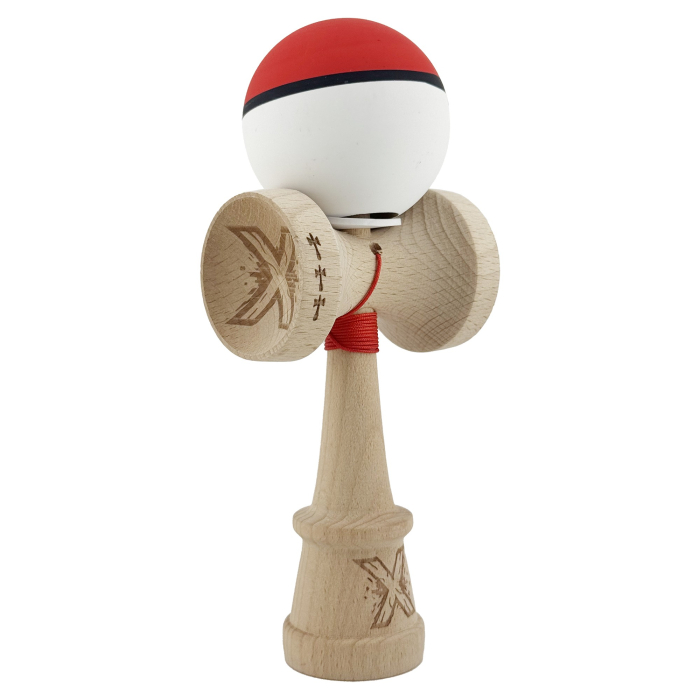 Kendama X Originala, Profesionala, Flippy, Cupe Mari KING SIZE V3, Rubber Grip, Gaura in Baza, Rulment Metalic, din lemn 18 cm, Ata 62/65 cm, S Bicolor Rosu/Alb [1]